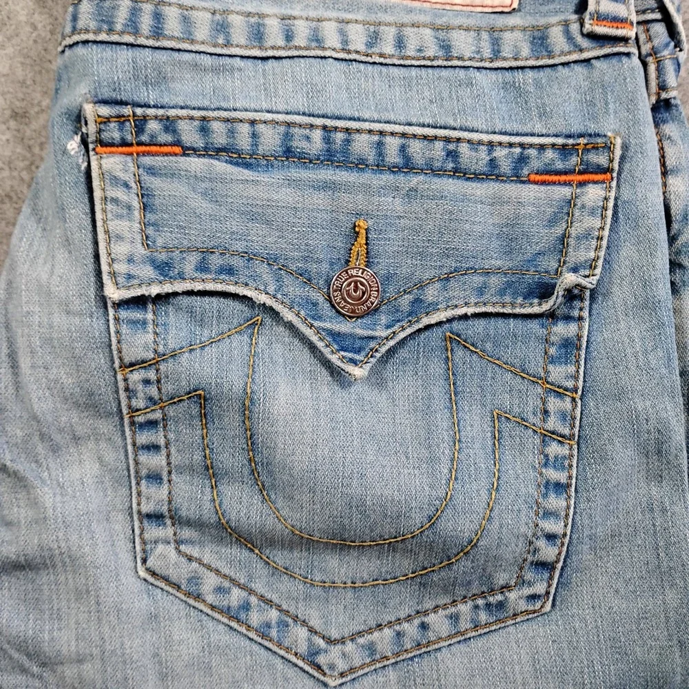 True‎ Religion Slim W Flap Old Multi SN Jeans Mens 36x33 Light Wash Distressed
